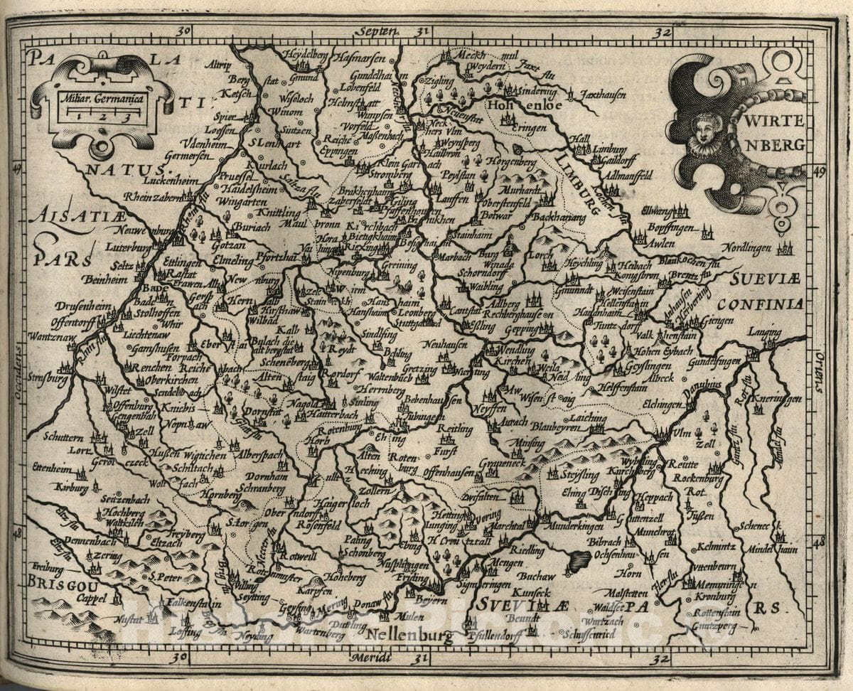 Historic Map : Germany, Wirtenberg. (to accompany) Atlas Minor Gerardi Mercatoris, 1607 Atlas , Vintage Wall Art