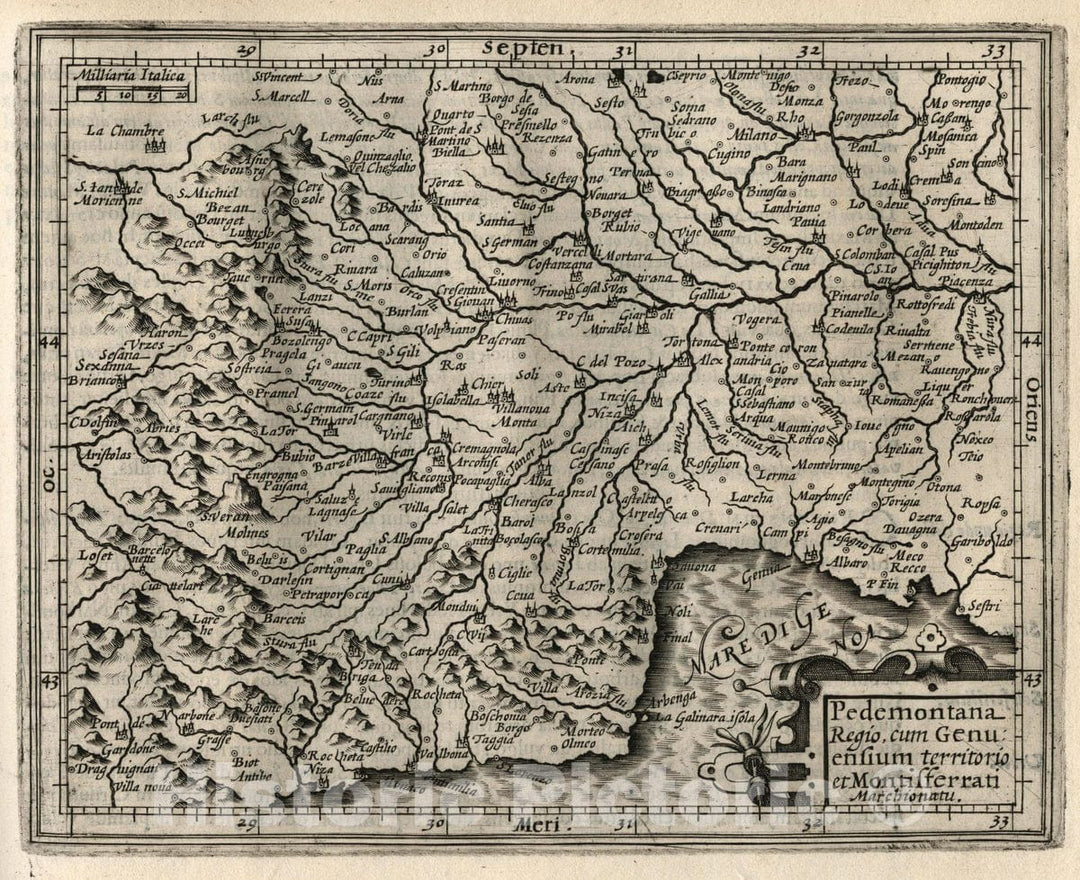 Historic Wall Map : Italy, Pedemontana Regio, Cum Genuensium territorionet Montiferrati Marchionatu, 1607 Atlas , Vintage Wall Art