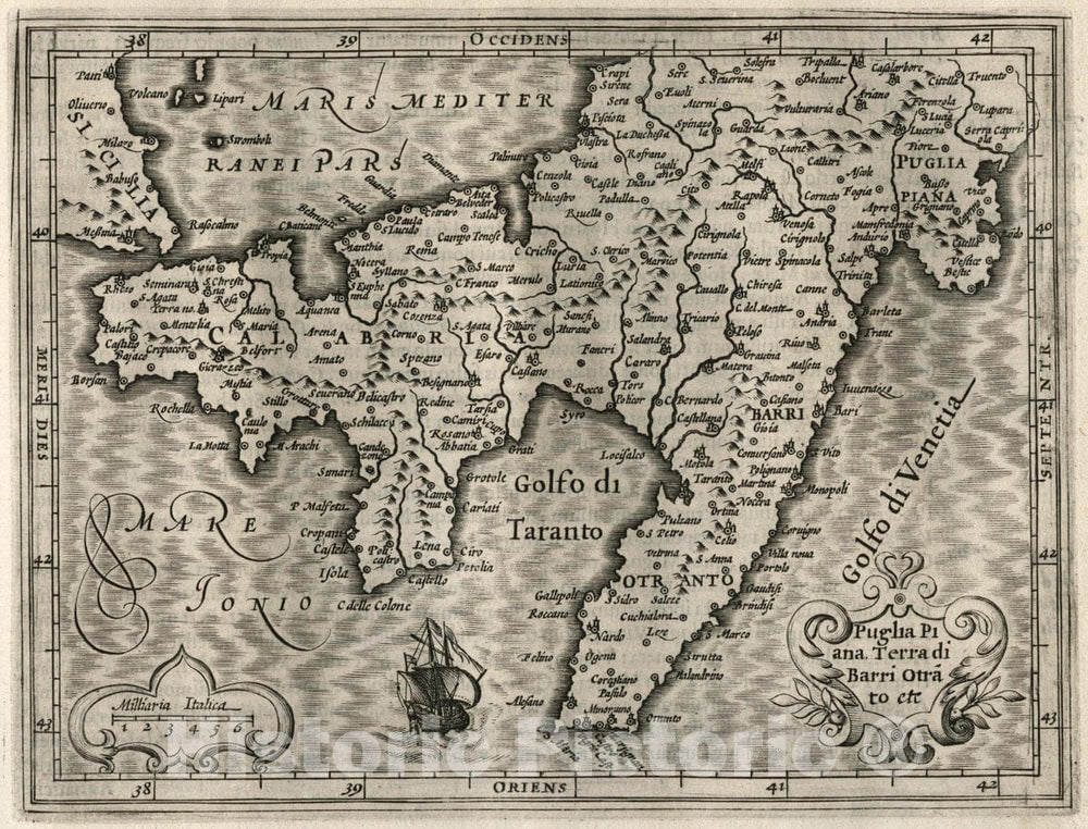 Historic Map : Italy, Puglia Piana Terra di Barri Otranto etc, 1607 Atlas , Vintage Wall Art