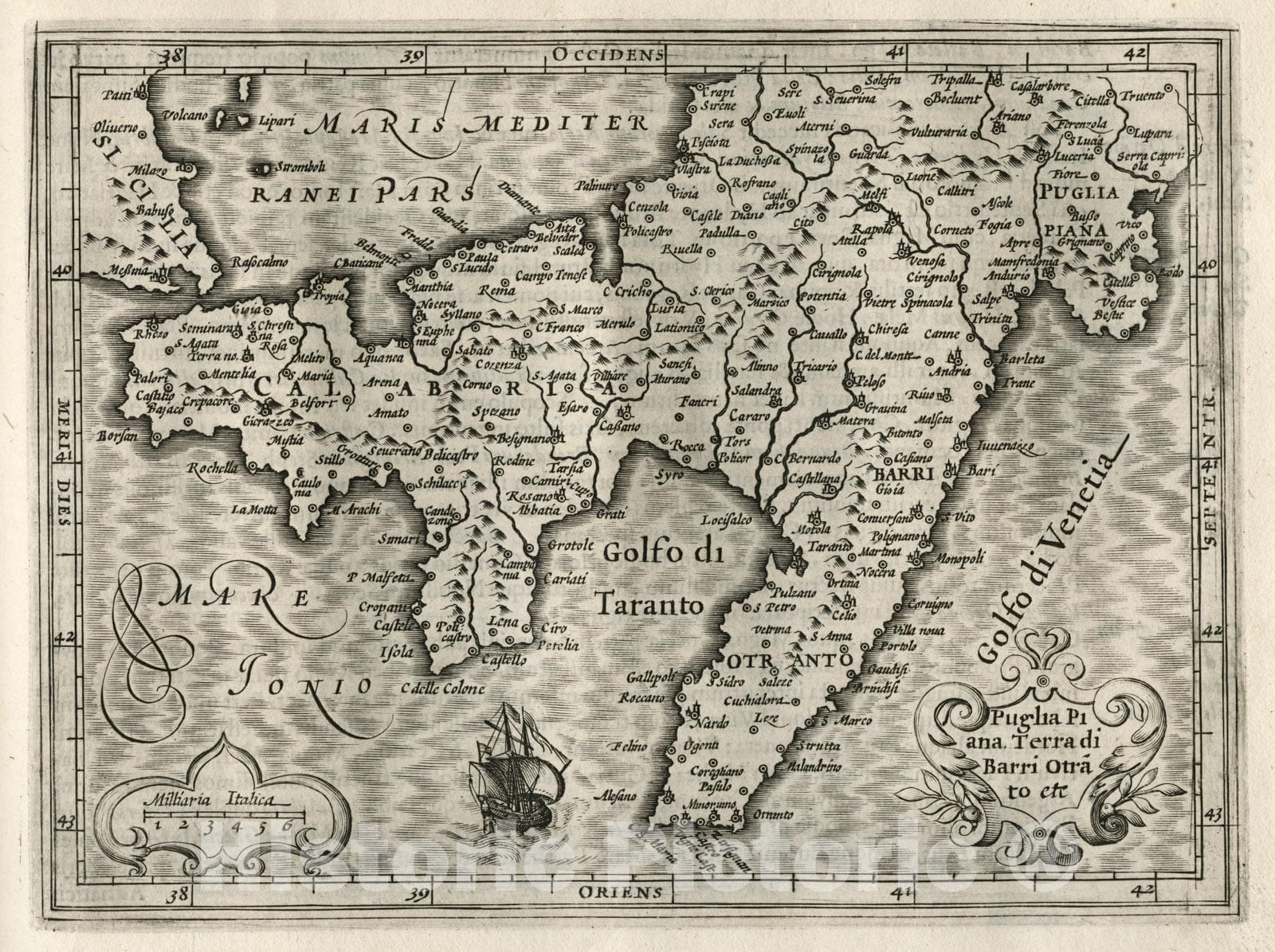 Historic Map : Italy, Puglia Piana Terra di Barri Otranto etc, 1607 Atlas , Vintage Wall Art