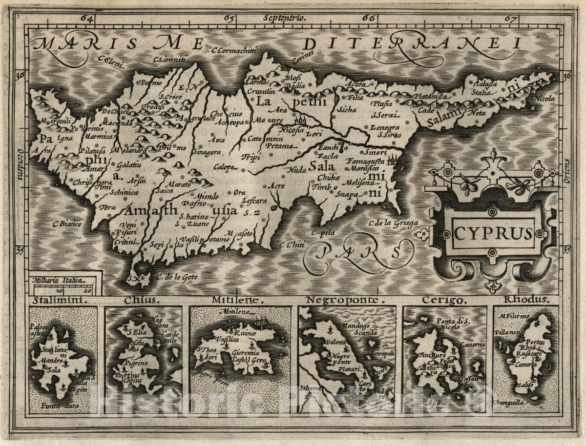 Historic Map : Cyprus. (insets) Stalimini. (with) Chius. (with) Mitilene. (with) Negroponte. (with) Cerigo. (with) Rhodus. Atlas minor Gerardi Mercatoris, 1607 AtlasVintage Wall Art