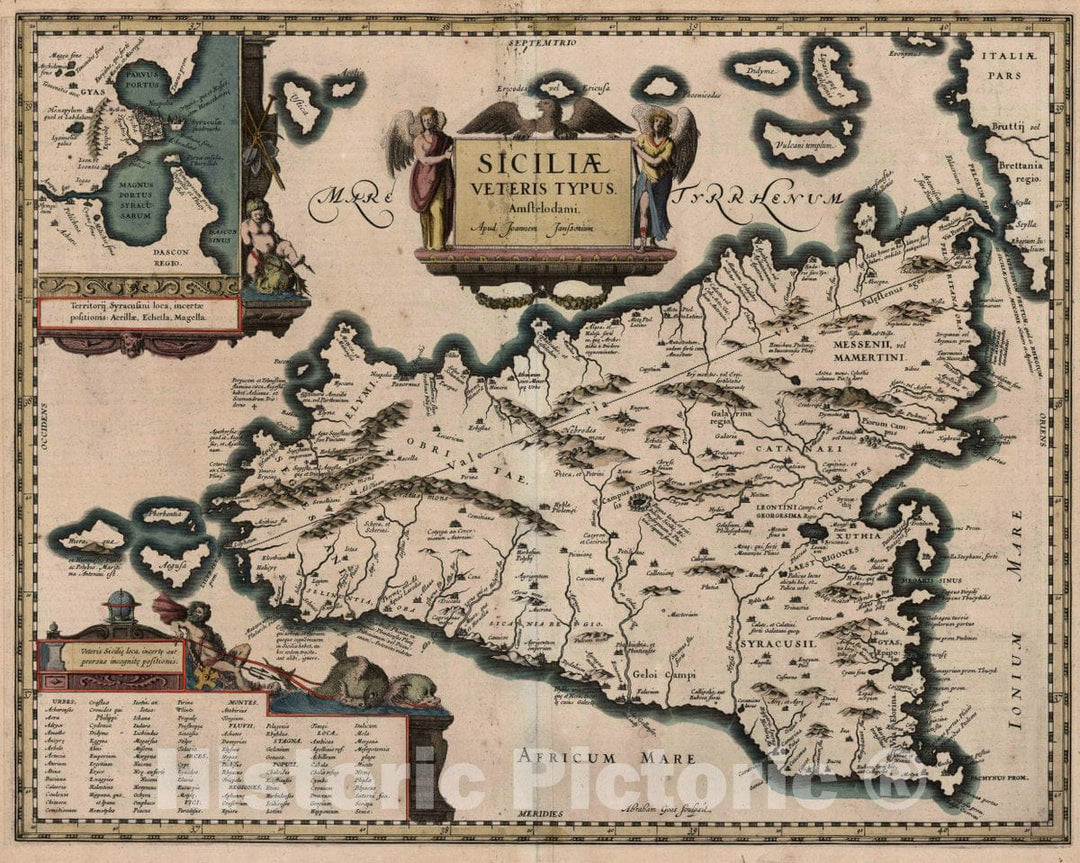 Historic Map : Italt, Sicily (Italy) Siciliae veteris typus. (Inset) Territorii Syracusani loca, incertae positionis Acrillae, Echetla, Magella. 1619 , Vintage Wall Art