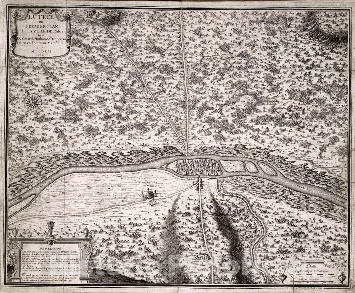 Historic Map : Paris , France, Lutece ou Premier Plan de La Ville de Paris tire de Cesar, 1705 City Atlas , Vintage Wall Art