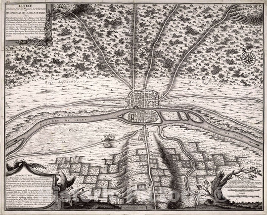 Historic Map : Paris , France, Lutece conquise par les Francois sur les Romains ou Second Plan de La Ville de Paris, 1705 City Atlas , Vintage Wall Art