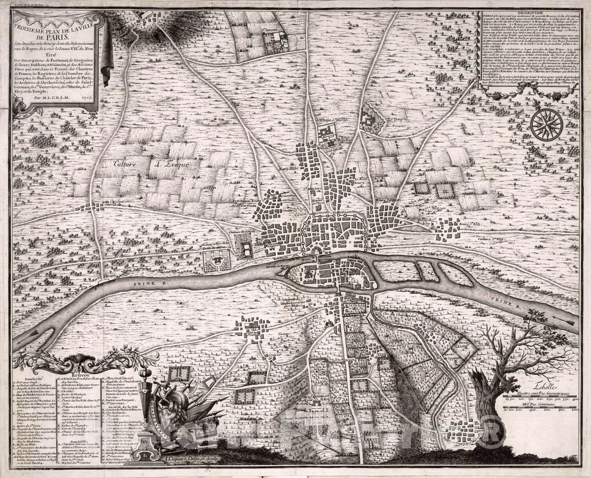 Historic Map : Paris , France, Troisieme Plan de La Ville de Paris, 1705 City Atlas , Vintage Wall Art