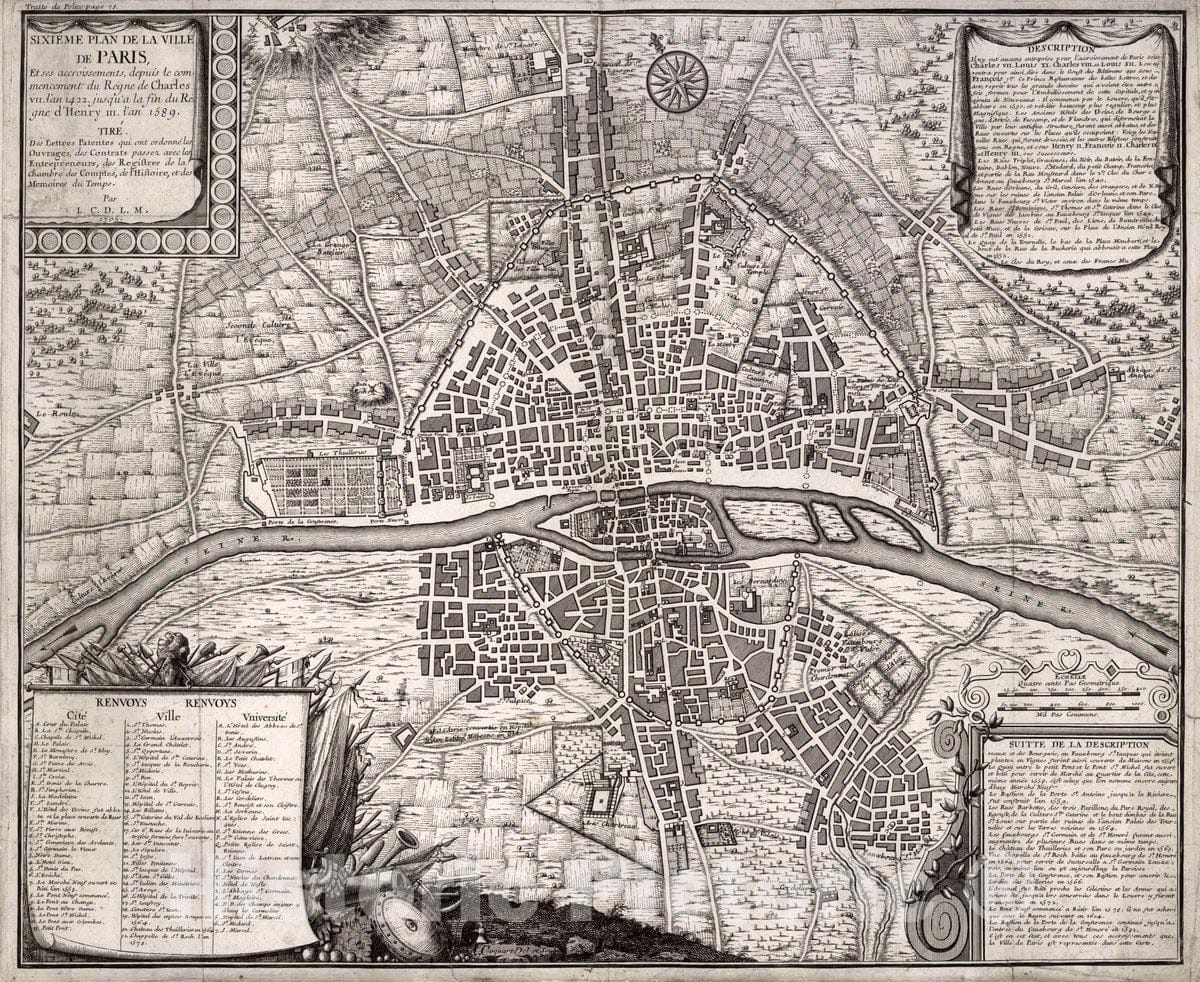 Historic Map : Paris , France, Sixieme Plan de La Ville de Paris, 1705 City Atlas , Vintage Wall Art