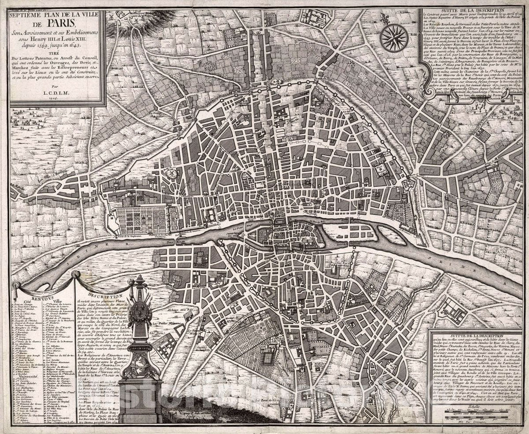 Historic Map : Paris , France, Septieme Plan de La Ville de Paris, 1705 City Atlas , Vintage Wall Art