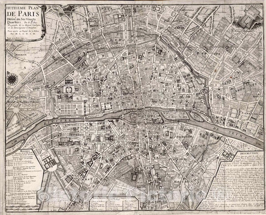 Historic Wall Map : Paris , France, Huitieme Plan de Paris, Divise en SES Vingt Quartiers, 1705 City Atlas , Vintage Wall Art