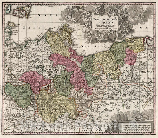 Historic Map : Pomerania , Germany 31. Brandenburgensis, Pomerania et Mecklenburgicus, 1740 Atlas , Vintage Wall Art