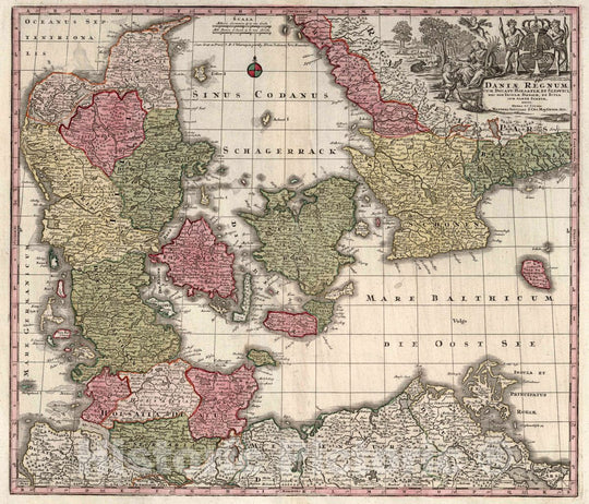 Historic Wall Map : Denmark, Holstein , Germany Composite Seutter Atlas. 41. Daniae Regnum, 1740 Atlas , Vintage Wall Art