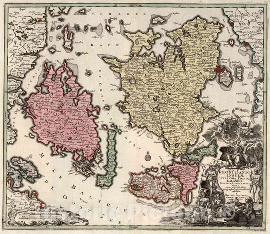 Historic Map : Fyn (Denmark) 42. Regni Danici Insulae Seelandia, Fionia, Lalandia, Falstria, Langelandia, Mona, 1730 Atlas , Vintage Wall Art