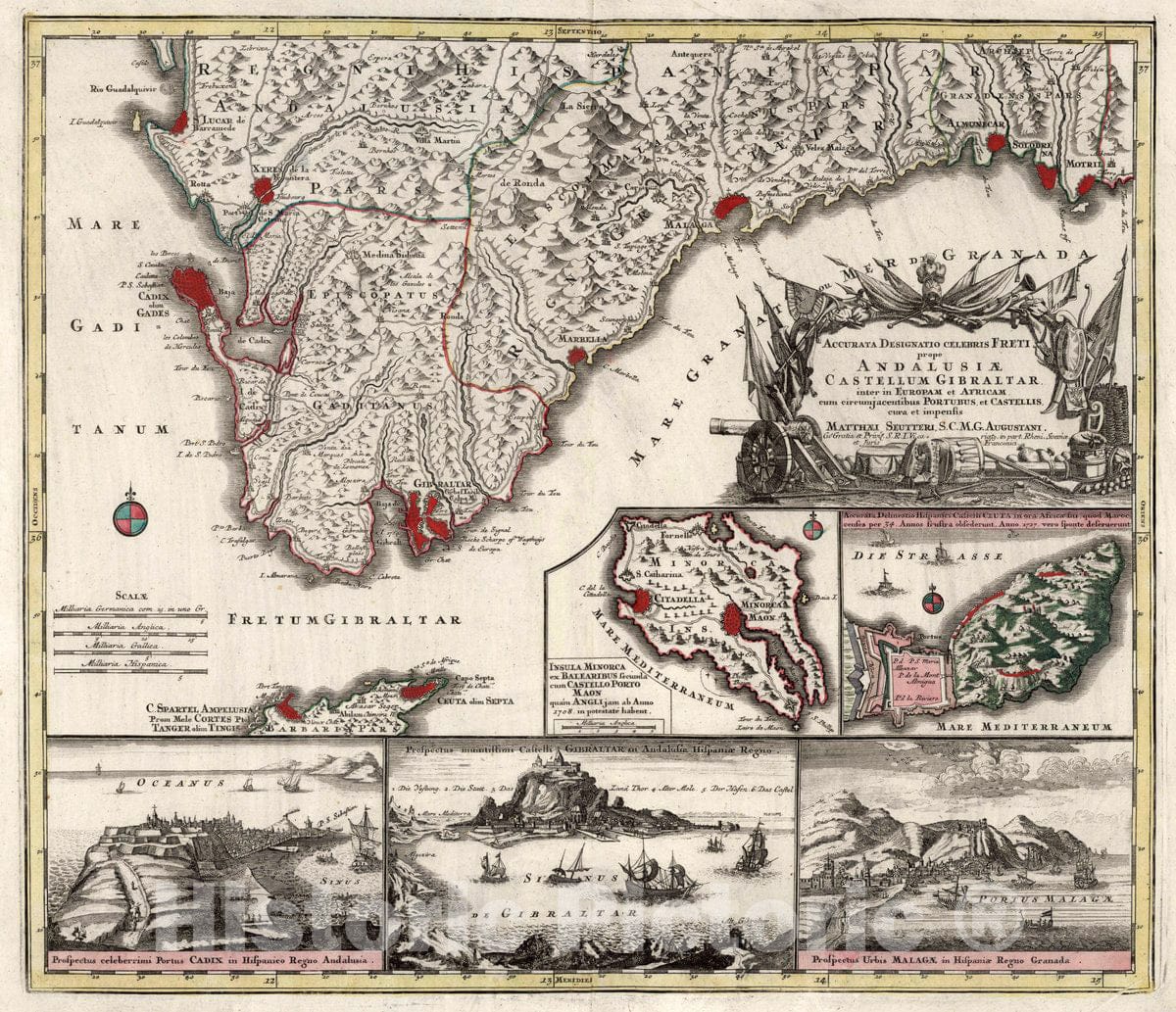 Historic Map : Andalusia , Spain 4. Andalusiae Castellum Gibraltar, 1730 Atlas , Vintage Wall Art