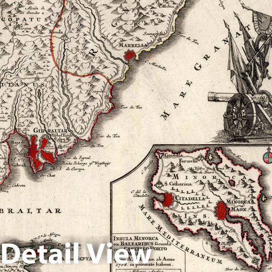 Historic Map : Andalusia , Spain 4. Andalusiae Castellum Gibraltar, 1730 Atlas , Vintage Wall Art