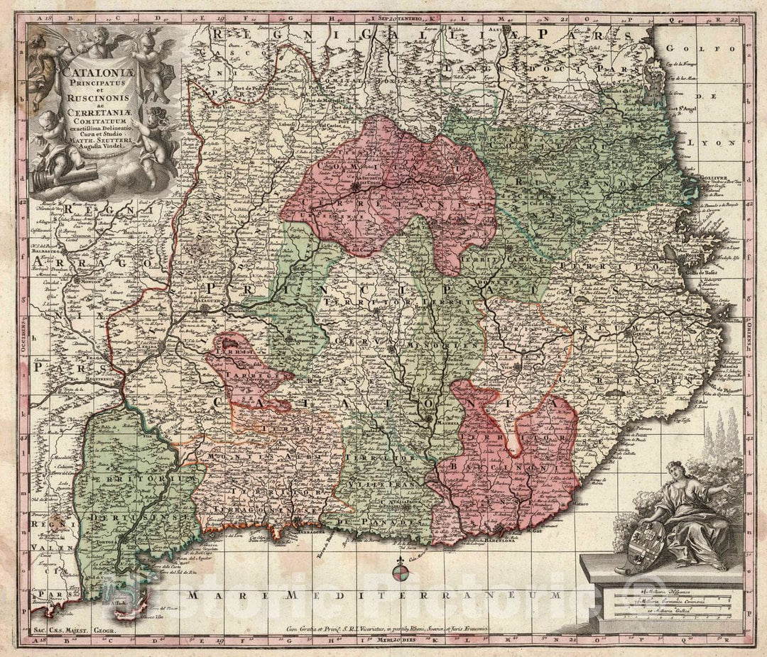 Historic Map : Catalonia , Spain 6. Catalonia Principatus et Ruscinonis ac Cerretania, 1725 Atlas , Vintage Wall Art