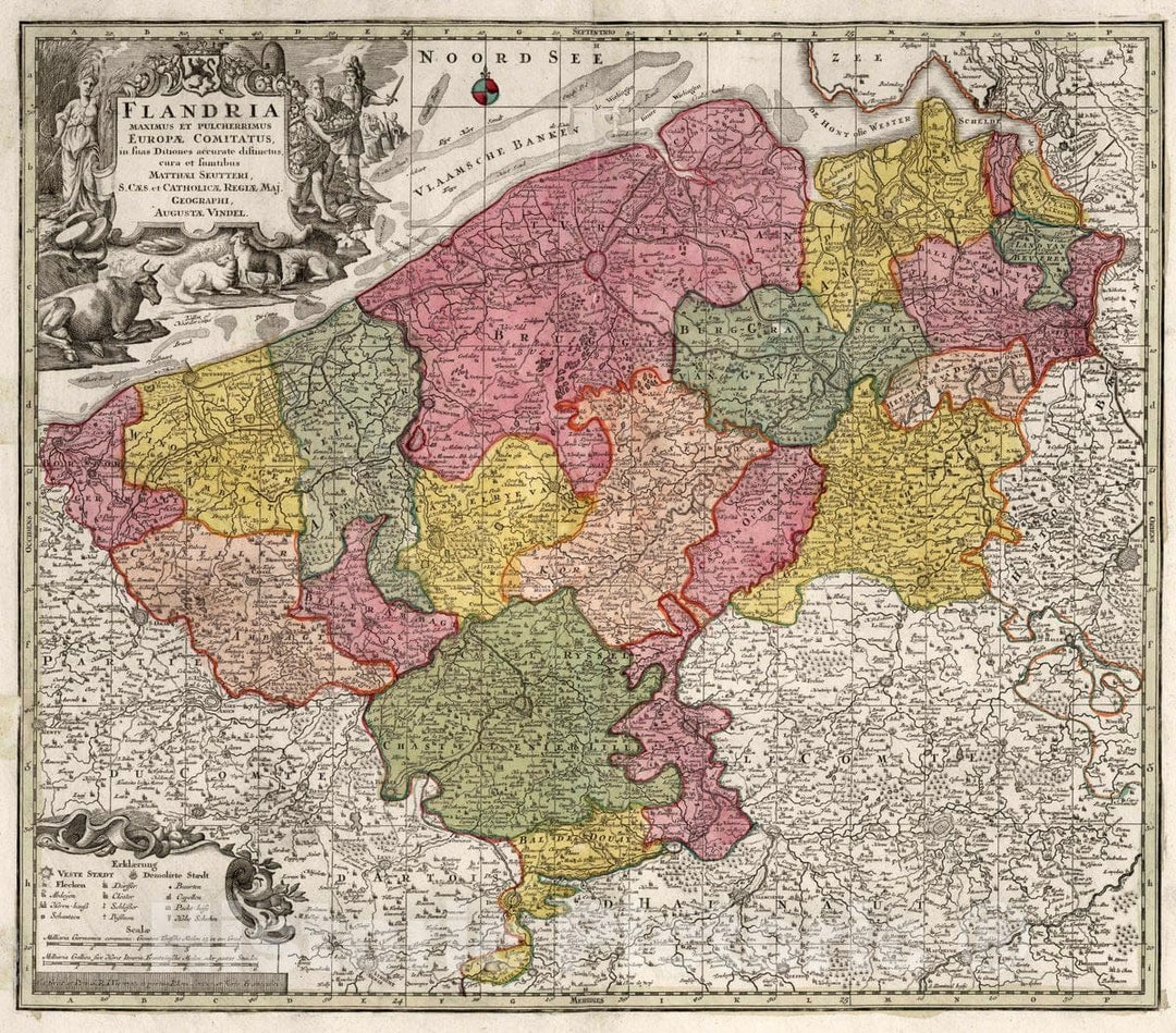 Historic Map : Flanders (Belgium, Netherlands) Composite Seutter Atlas. 27. Flandria, 1744 Atlas , Vintage Wall Art