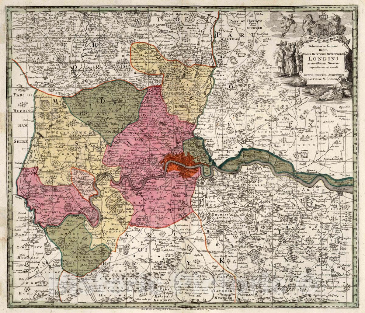 Historic Map : London (England) 36. Regio Magnae, Brittaniae, Metropoleos Londini, 1740 Atlas , Vintage Wall Art