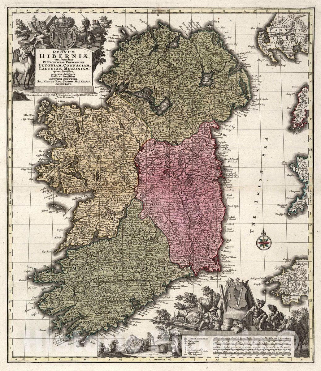 Historic Map : Ireland, Composite Seutter Atlas. 38. Regnum Hiberniae, 1680 Atlas , Vintage Wall Art