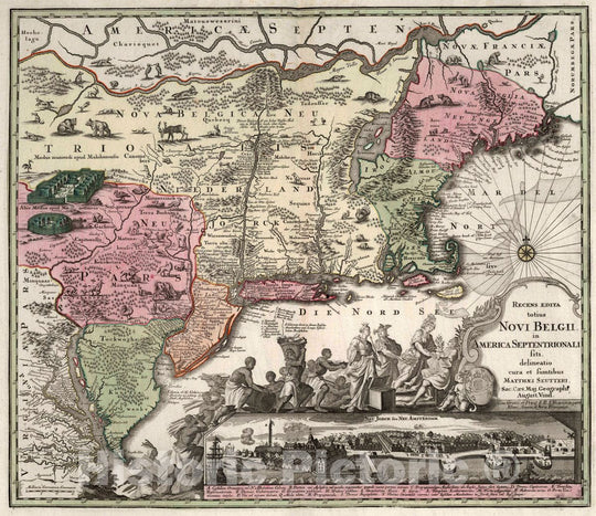 Historic Wall Map : United States, New England 43. Novi Belgii, in America Septentrionali, 1740 Atlas , Vintage Wall Art