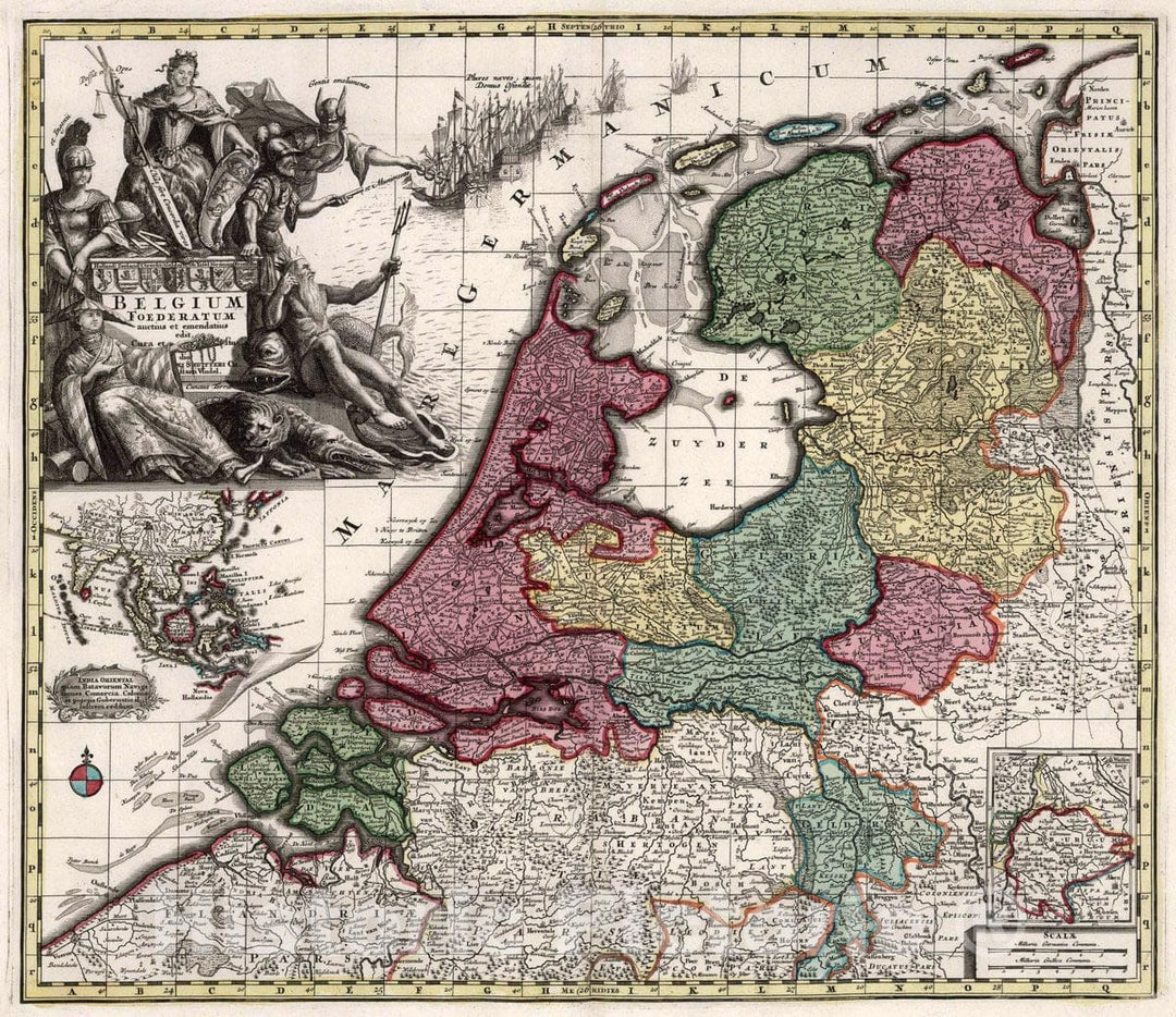 Historic Wall Map : Netherlands, 9. Belgium Foederatum, 1727 Atlas , Vintage Wall Art