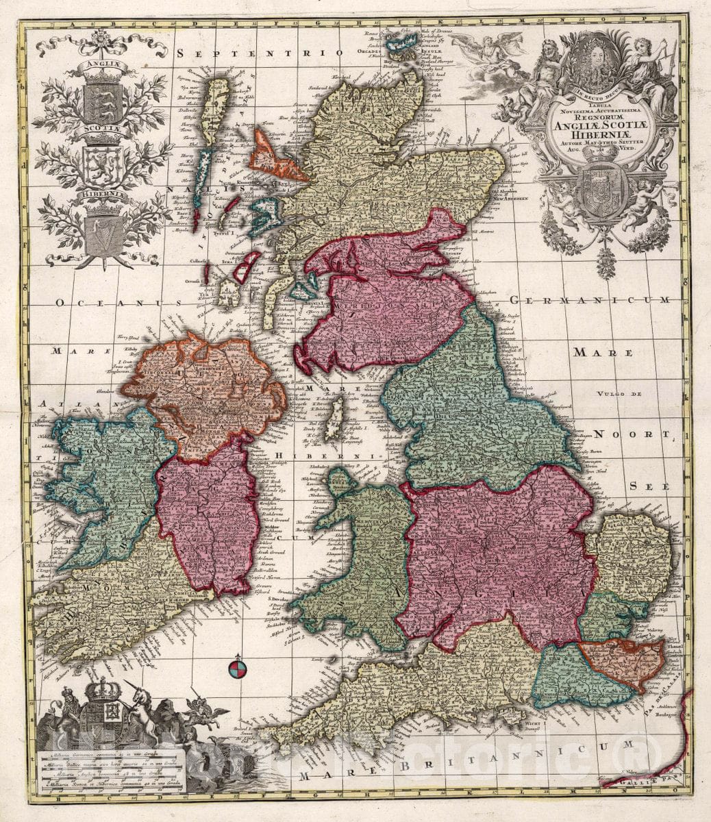 Historic Map : England, British Isles Tabula Novissima Accuratissima Regnorum Angliae Scotia Hiberniae, 1727 Atlas , Vintage Wall Art