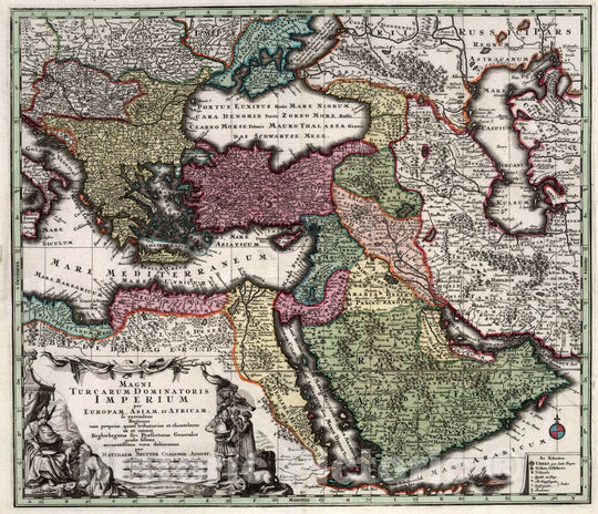 Historic Map : Magni Turcarum Dominatoris Imperium per Europam, Asiam, et Africam, 1740, Matthaus Seutter, Vintage Wall Art