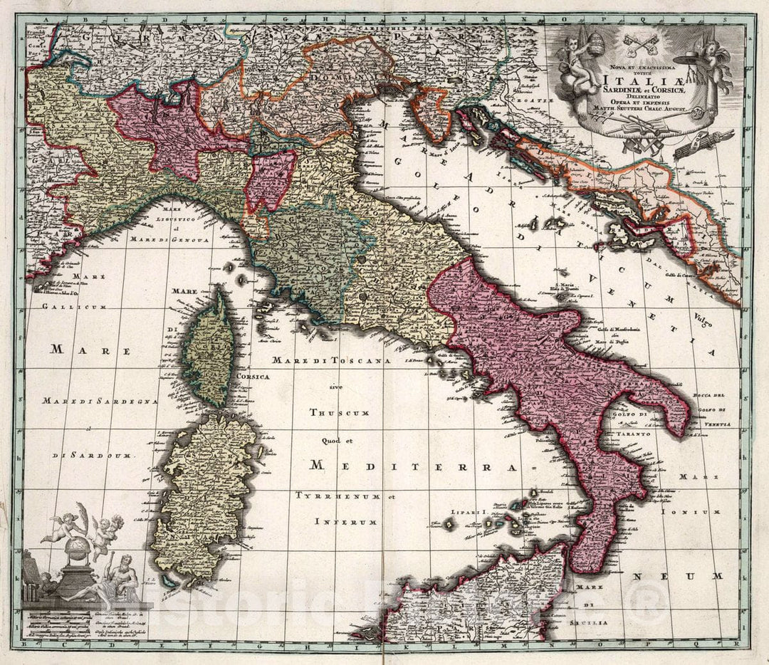 Historic Map : Italy, Corsica Nova et exactissima totius Italiae Sardiniae et Corsica, 1727 Atlas , Vintage Wall Art