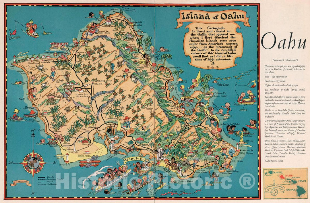 Historic Map : The Story of Hawaii. Oahu, 1935 Guide Book - Vintage Wall Art