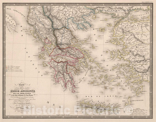 Historic Map : Greece, Crete Carte de la Greces Ancienne, 1850 Atlas , Vintage Wall Art