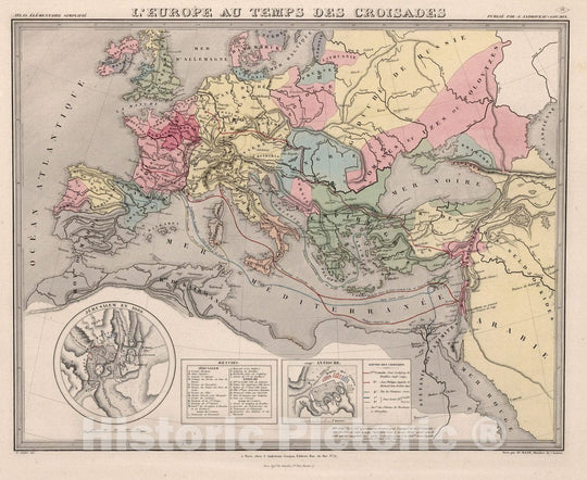 Historic Wall Map : L'Europe au Temps des Croisades, 1854 Atlas - Vintage Wall Art