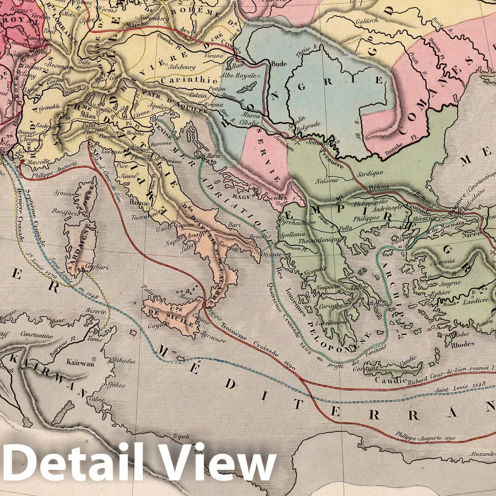 Historic Wall Map : L'Europe au Temps des Croisades, 1854 Atlas - Vintage Wall Art