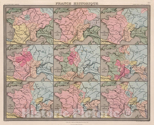 Historic Map : France,888 Dememberent de l'Empire; 987 Avenement de Hugues-Capet, 1854, Vintage Wall Art