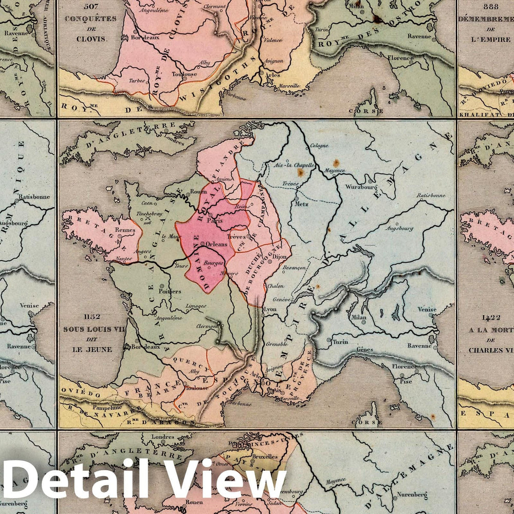 Historic Map : France,888 Dememberent de l'Empire; 987 Avenement de Hugues-Capet, 1854, Vintage Wall Art