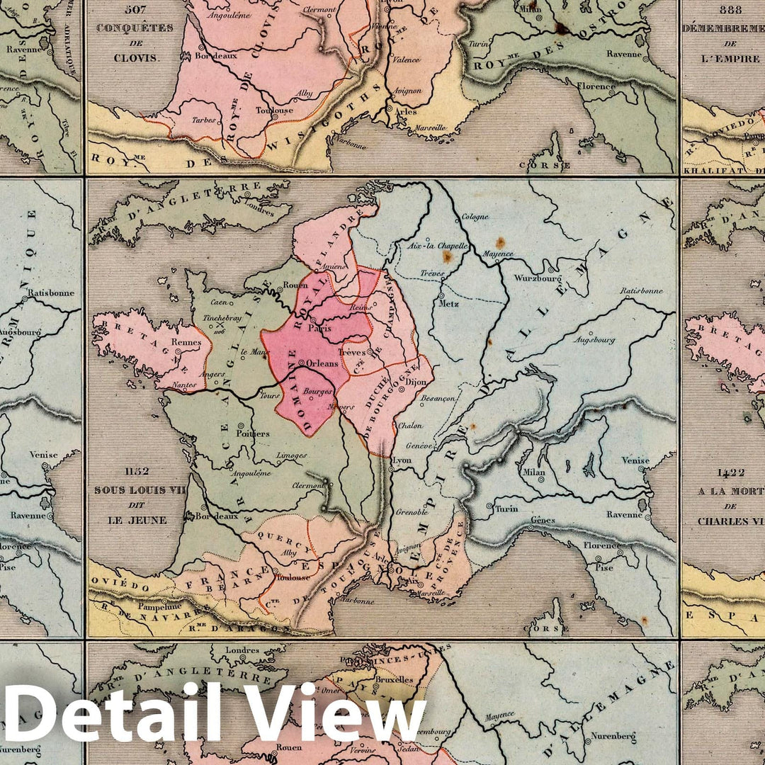 Historic Map : France,888 Dememberent de l'Empire; 987 Avenement de Hugues-Capet, 1854, Vintage Wall Art