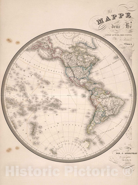 Historic Map : Mappe Monde Hemispheres (Western Hemisphere), 1851 Atlas - Vintage Wall Art