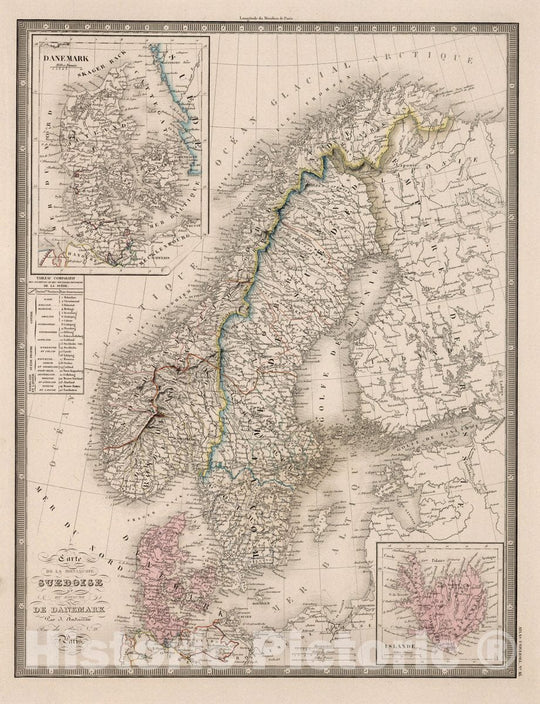 Historic Map : Sweden, Scandinavia Carte Suedoise Danemark, 1850 Atlas , Vintage Wall Art