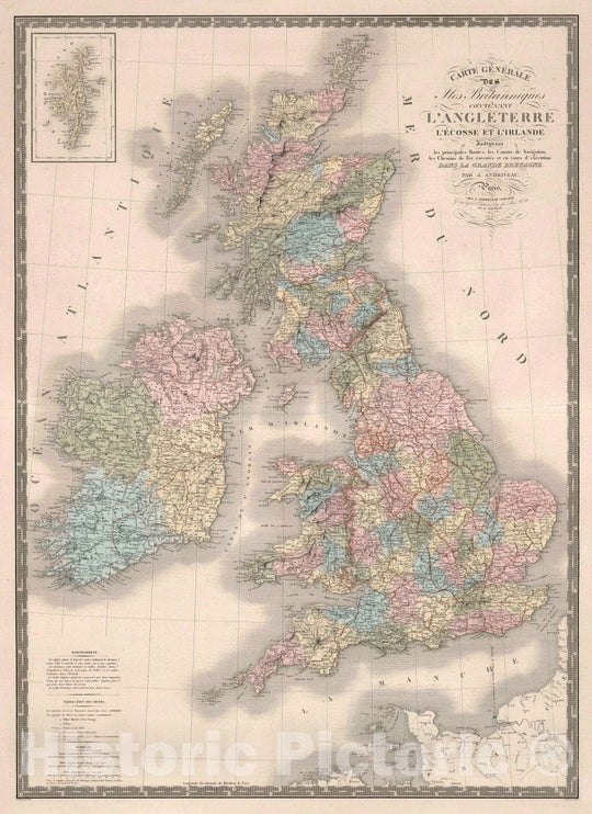 Historic Map : England, Carte Generale des Britanniques Conte nant l'Angleterre l'Ecolese et l'Irelande, 1851 Atlas , Vintage Wall Art