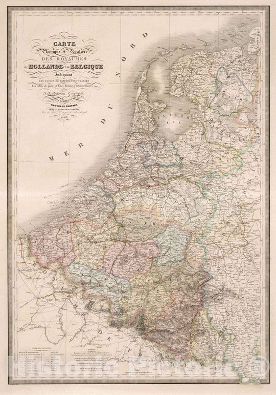 Historic Map : Netherlands, Carte Physique et Routiere des Royaumes de Hollande et de Belgique, 1850 Atlas , Vintage Wall Art