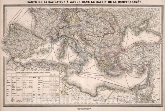 Historic Map : Mediterranean Carte de la Navigation a Vapeur Dans le Bassin de la Mediterranee, 1854 Atlas , Vintage Wall Art