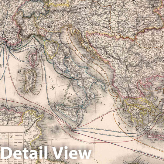 Historic Map : Mediterranean Carte de la Navigation a Vapeur Dans le Bassin de la Mediterranee, 1854 Atlas , Vintage Wall Art