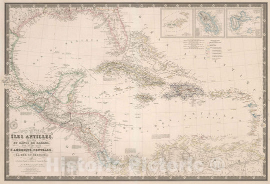 Historic Map : Colombia, Caribbean, Central America Carte Generale des Iles Antilles, 1845 Atlas , Vintage Wall Art