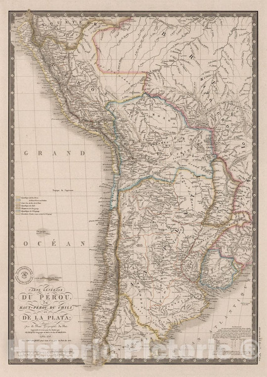 Historic Map : Chile, Carte Generale du Perou du Haut-Perou, du Chili et de la Plata, 1843 Atlas , Vintage Wall Art