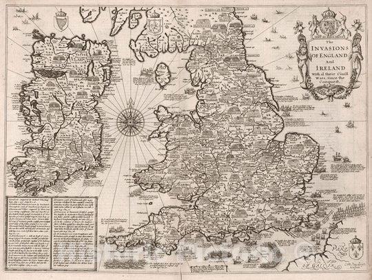 Historic Map : The Invasions of England and Ireland with al Their Civill Wars Since The Conquest, 1676 Atlas - Vintage Wall Art