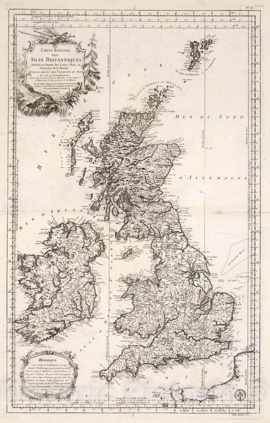 Historic Map : Ireland, British Isles Carte Reduite des Isles Britanniques. , Vintage Wall Art