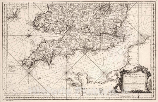 Historic Map : England, English Channel Carte Reduite des Isles Britanniques, 1757 Chart , Vintage Wall Art