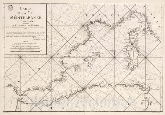 Historic Map : Mediterranean Sea Carte de la Mer Mediterranee en Trois Feuilles (Western Sheet), 1745 Chart , Vintage Wall Art