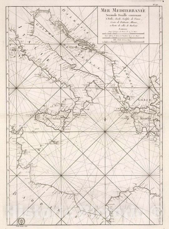 Historic Map : Mediterranean Sea Carte de la Mer Mediterranee en Trois Feuilles (Central Sheet), 1745 Chart , Vintage Wall Art