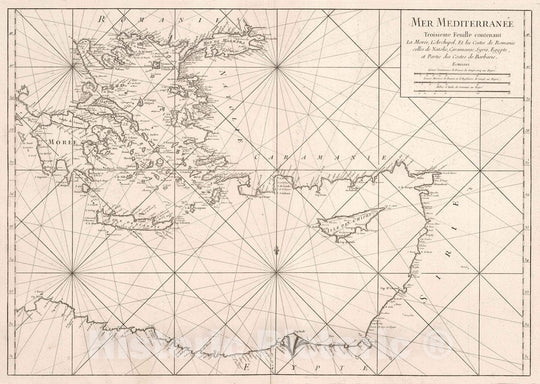 Historic Map : Mediterranean Sea Carte de la Mer Mediterranee en Trois Feuilles (Eastern Sheet), 1745 Chart , Vintage Wall Art