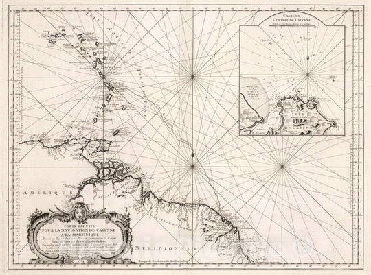 Historic Wall Map : Venezuela , Cayenne (French Guiana), Lesser Antilles Carte Reduite Pour la Navigation de Cayenne a la Martinique, 1764 Chart , Vintage Wall Art