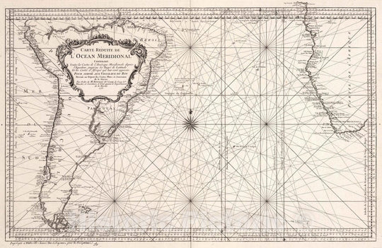 Historic Map : South Atlantic Carte Reduite de l'Ocean Meridional, 1753 Chart , Vintage Wall Art