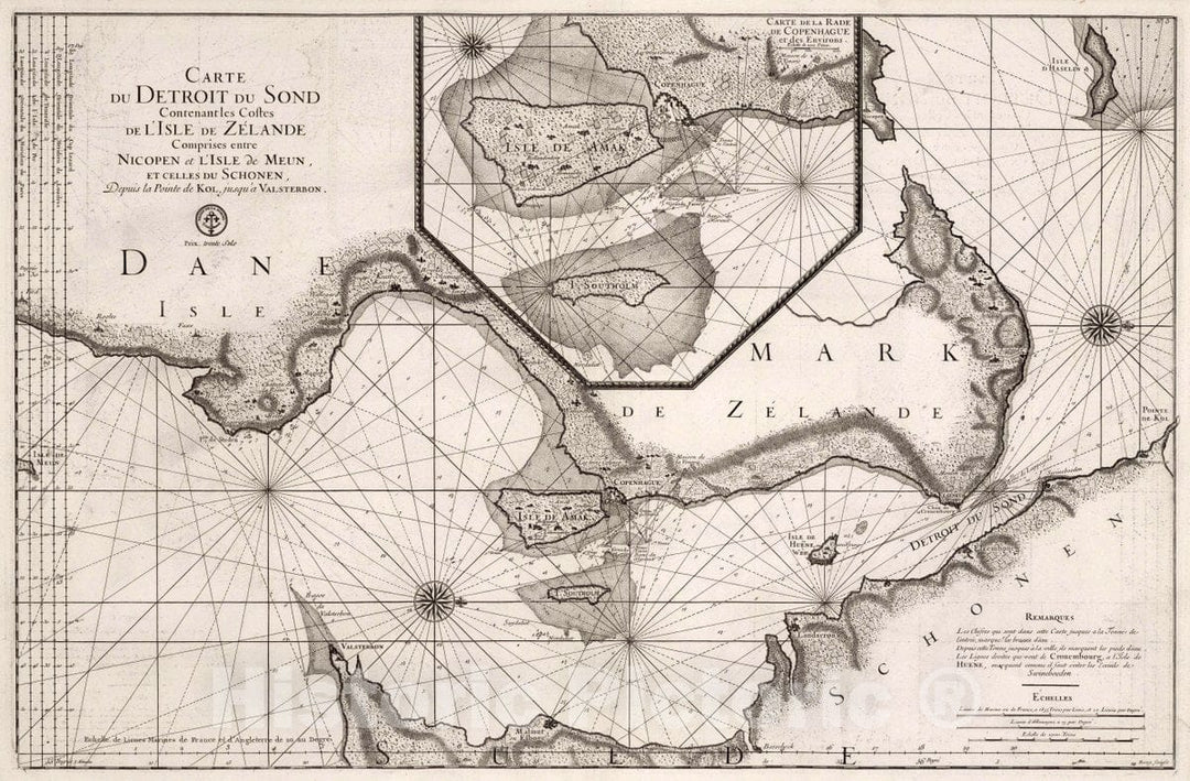 Historic Map : Denmark , Copenhagen (Denmark), Carte de Detroit du Sond. (Inset) Carte de la Rade de Copenhague, 1773 Chart , Vintage Wall Art